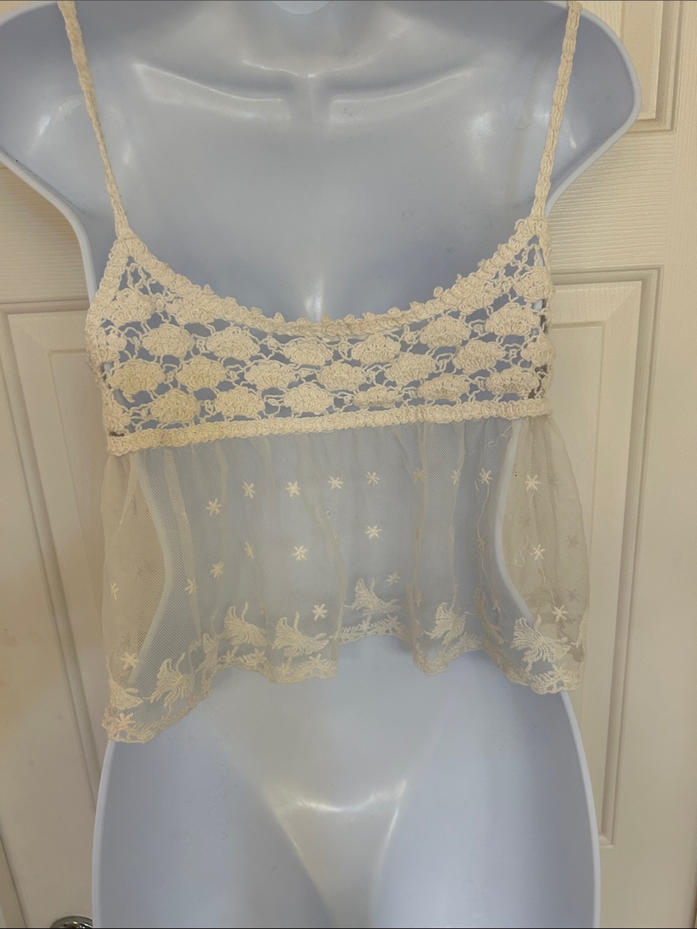 Boho Chic Crochet Knit & Embroidered Star Mesh Babydoll Cami Top Cream/Ivory SM - Picture 10 of 11